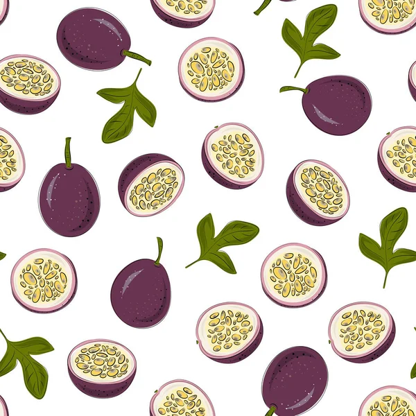 Modèle vectoriel sans couture avec fruit de la passion. Beaux fruits exotiques pour la décoration, tissu, textile, papier d'emballage et autre décoration design. Illustration vectorielle dessinée à la main. Maracuja. — Image vectorielle