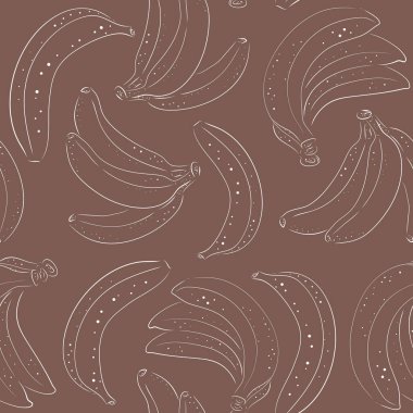 İzole edilmiş muzun elle çizilmiş kusursuz deseni. Lezzetli tropikal vejetaryen nesneler. Kahverengi ve çikolata rengi arka plan. Lline. Meyve tekstili