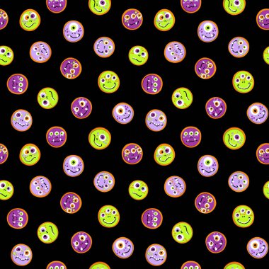 Siyah arka planda büyük gözleri ve dişleri olan parlak renkli canavarların kusursuz deseni. Cadılar Bayramı için çocuklar, tatiller. Turuncu, mor ve yeşil renkler.