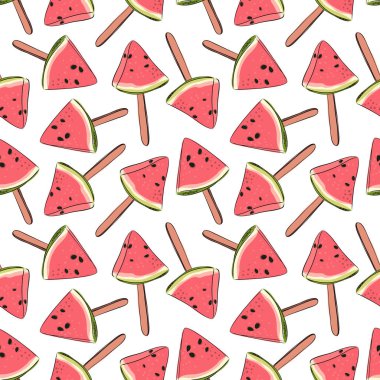 Karpuzlu kusursuz desen. Çubukta meyveli dondurma. Vektör çizimi. Basit bir resim. Yaz sıcağı zamanı. Beyaz arka planda tohumları olan kırmızı ve pembe dut..