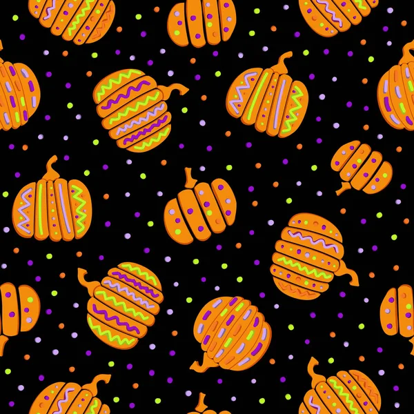 秋のカボチャをスプラッシュで手描き 黄色のドット オレンジ紫と緑 黒の背景にシームレスなパターン ハロウィンラッピングのエンドレスプリント 黒い壁紙の秋 — ストックベクタ