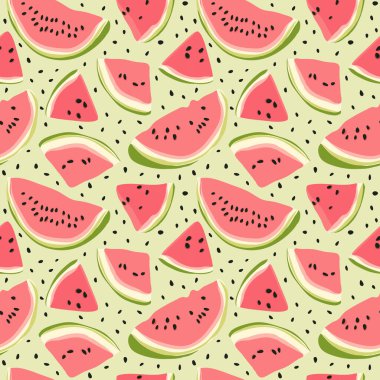 Karpuz dikişsiz desen. Elle çizilmiş karpuz dilimi ve tohumlar. Tekstil, kağıt ve diğer ürünler için vektör illüstrasyon. Beyaz arka planda parlak pembe ve kırmızı dut dilimleri.