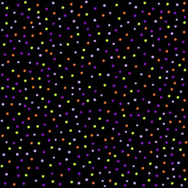 Renkli kaotik daireler ve noktalarla soyut, pürüzsüz desen. Dağınık bir sonsuzluk süsü. Siyah arka planda mor, yeşil ve turuncu konfeti. Bayram ve Cadılar Bayramı için vektör illüstrasyonu.