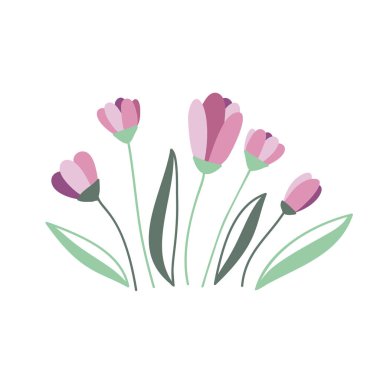 Çiçek vektörü düz karalama stili, soyut çiçekler ve yapraklar. Basit çizgiler ve noktalardan elde çizilmiş çizim biçimi koleksiyonu. Pembe, mor ve yeşil tonlarda.