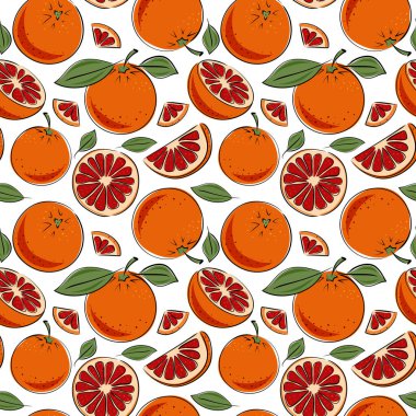 Kırmızı greyfurt dilimleriyle kusursuz desen. Vector citrus meyve çizimi. Mutfak, moda tekstil ve kağıt için..