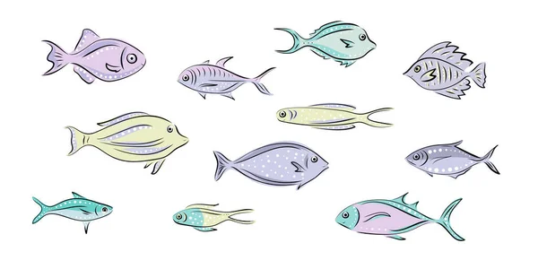 Conjunto Vectores Que Representan Varios Animales Marinos Ilustración Peces Lindo — Vector de stock