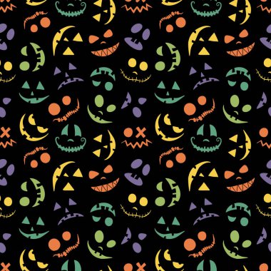 Balkabağı surat, Cadılar Bayramı arkaplanı için pürüzsüz bir desen. Çok renkli gözler ve gülücükler nazik ve korkutucudur. Bebek ve çocuk tekstil ürünleri ve kağıt için. Kutlama siyah baskısı