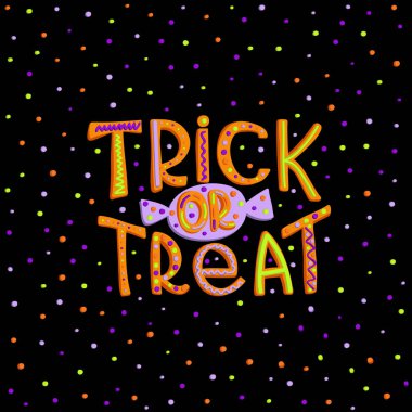 Çizgi film tarzında çocuk yazıtları ve üzerinde yazı, şaka ya da şeker yazılı bir resim. Siyah arkaplan ve konfetideki renkli, renkli ve turuncu harfler..