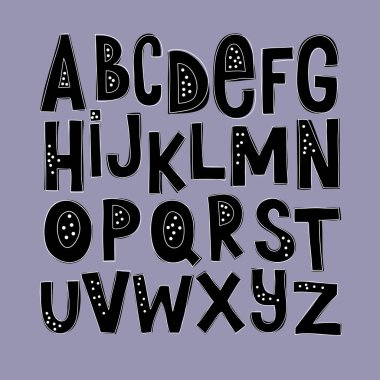 İskandinav şirin ve komik tek renkli siyah beyaz alfabe. Çizgi film el çizimi çocuk tasarımı için grafik yazı tipi. Tipografi posteri, kartpostal, pankart tasarımı için vektör illüstrasyonu.