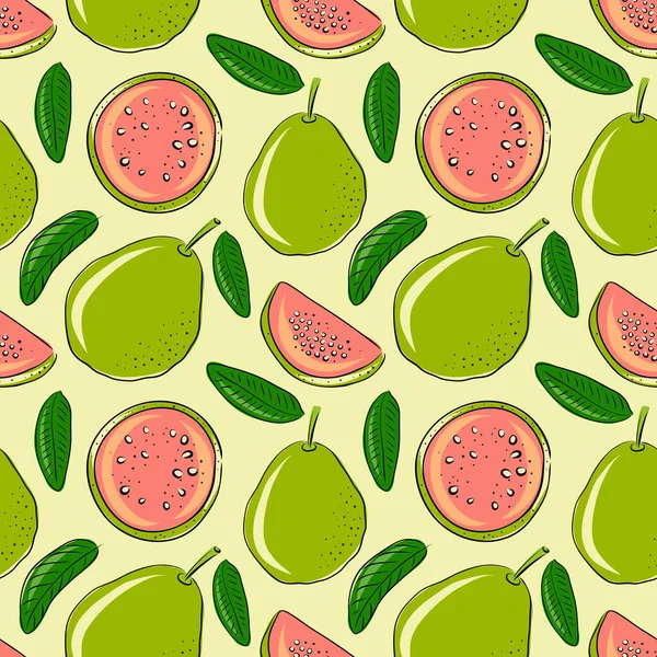 İzole edilmiş guava 'nın elle çizilmiş kusursuz deseni. Oymalı renkli sanat. Lezzetli tropikal vejetaryen nesneler. Restoran, menü, meyve suyu kasesi, market, mağaza, parti dekorasyonu, yemek için kullan. Meyve tekstili.