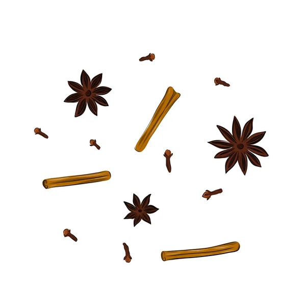 Cinnamon Anise Sticks Hand Drawing Illustration Close Isolated White Background — Stock Vector