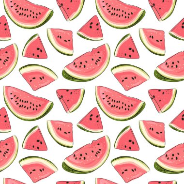 Karpuz dikişsiz desen. Elle çizilmiş karpuz dilimi ve tohumlar. Tekstil, kağıt ve diğer ürünler için vektör illüstrasyon. Beyaz arka planda parlak pembe ve kırmızı dut dilimleri