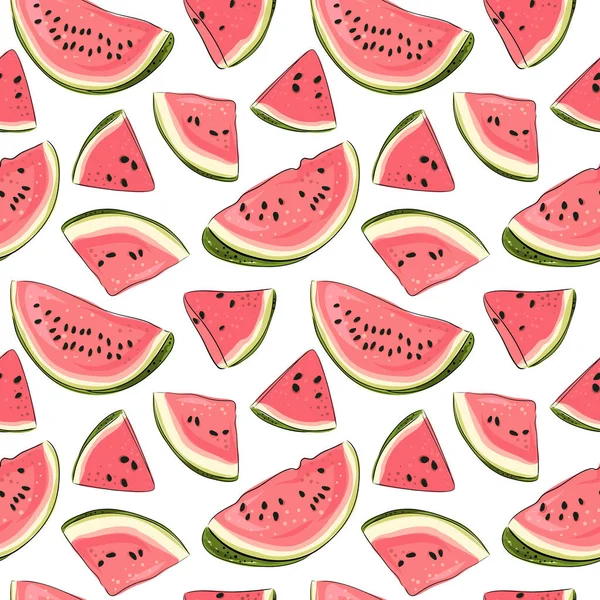 Wassermelone Nahtloses Muster Handgezogene Wassermelonenscheiben Und Samen Vektorillustration Für Textilien — Stockvektor