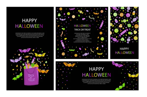 Ensemble Affiches Modèles Cartes Invitations Vacances Halloween Bonbons Maïs Sucettes — Image vectorielle