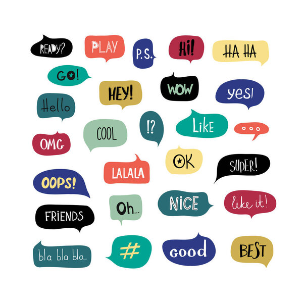 Hand draw big set of speech bubble talking phrases. Clouds of online chat with different words comments information form multicolored bright vector isolated on white