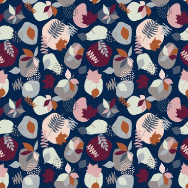 Çok renkli üzüm yaprakları olan kusursuz bir desen. Kırmızı, turuncu, mavi ve gri. Soyut şekilleri ve noktaları olan vektör illüstrasyonu. Tekstil, kağıt, kumaş için.