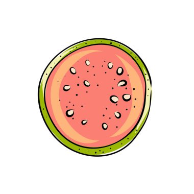 Guava meyvesi ve bir dilim. Ayrı nesneler. Guava meyve logosu. Beyaz arka planda el çizimi vektör çizimi. Sağlıklı yiyecekler. Vitamin yiyeceği. Broşürler, pankartlar, restoran menüsü ve market için.