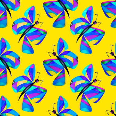 Soyut kelebeklerle dekoratif, pürüzsüz desen. Güzel bir yaz baskısı. Renkli yaratıcı desen.