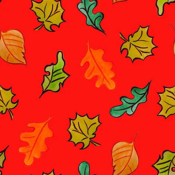 Abstract seamless pattern with watercolor leaves.Rowan. Oaktree. Maple. Beautiful natural autumn print. Colorful hand drawn illustration.