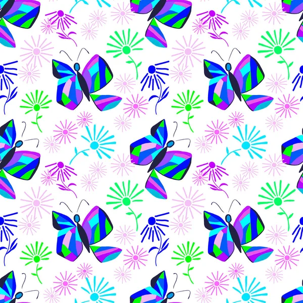 创意无缝图案与抽象蝴蝶 美丽的夏季印刷品 色彩艳丽的花朵背景 — 图库照片