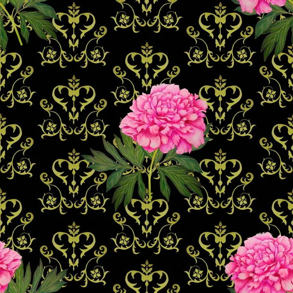Abstraktes Nahtloses Muster Mit Blühenden Pfingstrosen Auf Dekorativem Hintergrund Sommerfloraler — Stockfoto
