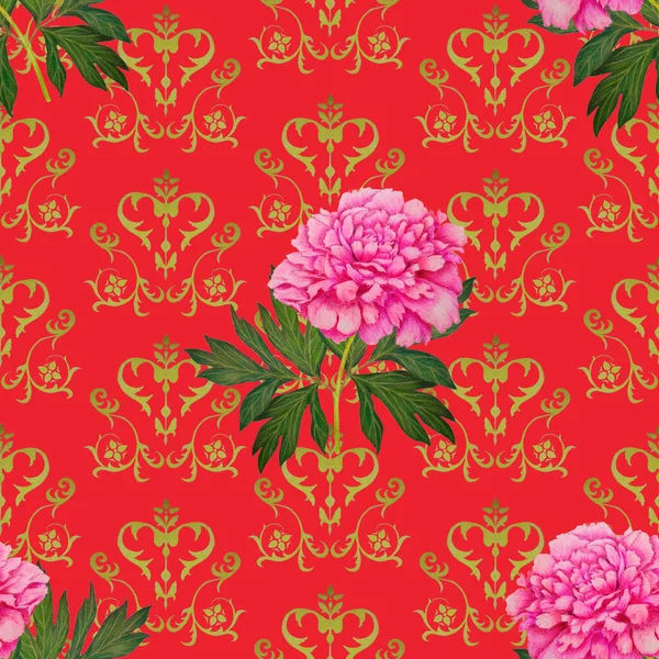 Abstrakcyjny Bezszwowy Wzór Kwitnącymi Piwoniami Dekoracyjnym Tle Letni Kwiatowy Druk — Zdjęcie stockowe