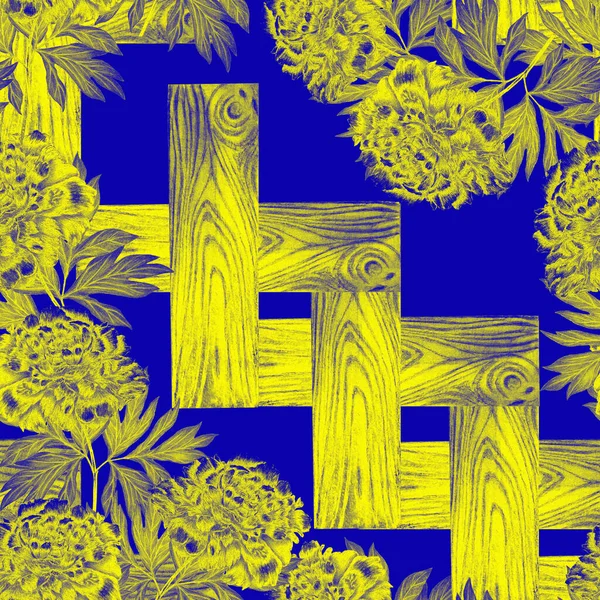 Florales Nahtloses Muster Mit Blühenden Pfingstrosen Der Holzwand Botanischer Pfingstrosenblütendruck — Stockfoto
