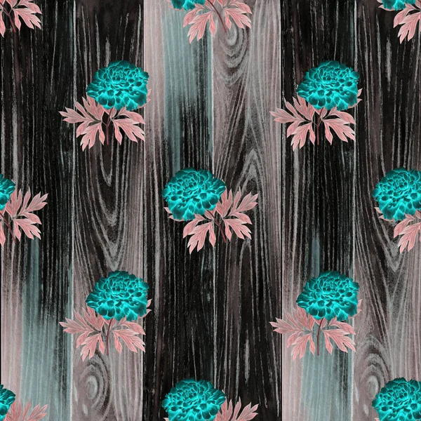 Floral seamless pattern with blooming peonies on wood wall. Botanic peony flower print. Crayon hand drawn illustration .