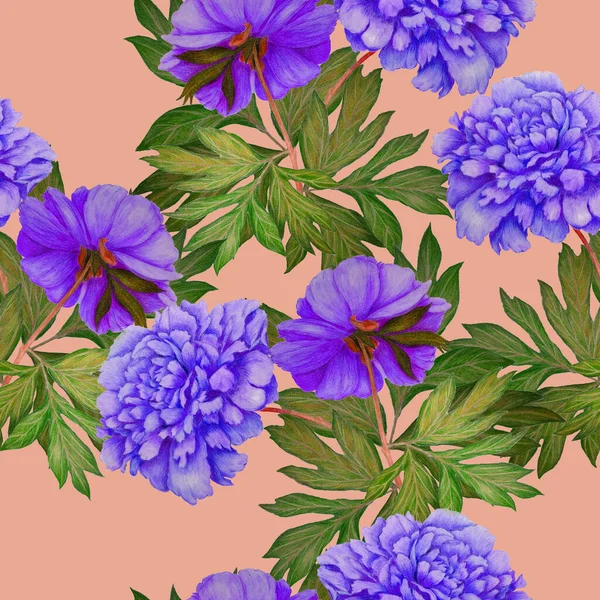 美しい開花牡丹と花のシームレスなパターン ヴィンテージ植物牡丹の花のプリント 手描きクレヨンイラスト — ストック写真