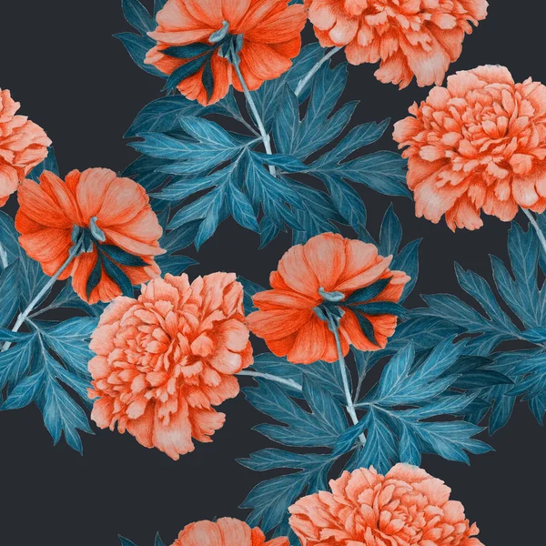 Цветочный Бесшовный Узор Красивыми Цветущими Пионами Винтажный Ботанический Цветочный Отпечаток — стоковое фото