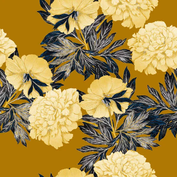 Цветочный Бесшовный Узор Красивыми Цветущими Пионами Винтажный Ботанический Цветочный Отпечаток — стоковое фото