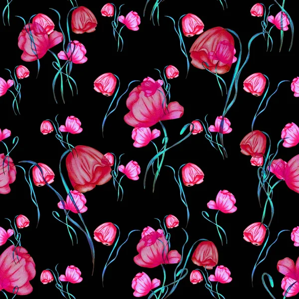 Patrón Sin Costura Floral Con Flores Bosque Acuarela Fondo Colorido — Foto de Stock