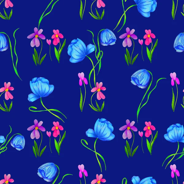Virágos Zökkenőmentes Minta Akvarellszínű Erdei Virágokkal Színes Természet Háttér Gyönyörű — Stock Fotó