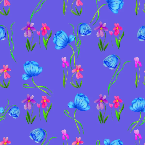 Blommigt Sömlöst Mönster Med Akvarell Skog Blommor Färgglada Natur Bakgrund — Stockfoto