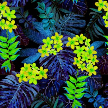 Hawaii çiçeksiz desenli suluboya tropikal yapraklar ve çiçekler. Egzotik Plumeria ve Heliconia. Renkli el çizimi çizimi. Tropik yaz baskısı.