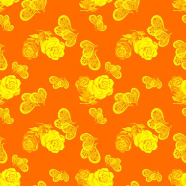 Güller ve dekoratif kalplerle suluboya desenli. Güzel bir düğün baskısı. Herhangi bir tasarım için. 