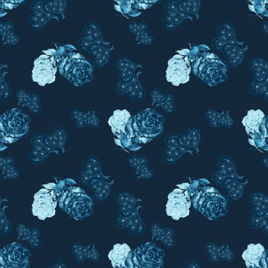 Güller ve dekoratif kalplerle suluboya desenli. Güzel bir düğün baskısı. Herhangi bir tasarım için. 