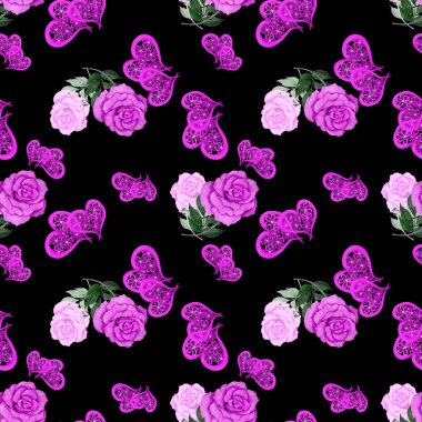 Güller ve dekoratif kalplerle suluboya desenli. Güzel bir düğün baskısı. Herhangi bir tasarım için. 