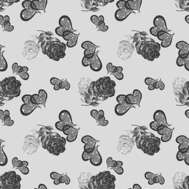 Güller ve dekoratif kalplerle suluboya desenli. Güzel bir düğün baskısı. Herhangi bir tasarım için. 