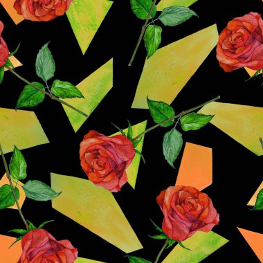 Çiçeksiz desenli, geometrik arka planda suluboya güller. Yüzey tasarımı için el çizimi illüstrasyon.