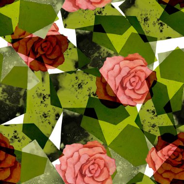 Soyut suluboya desenli, geometrik arka planda güller. Modern tarzda sanat eserleri. Yaratıcı çiçekli yaz baskısı.