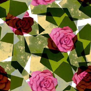 Soyut suluboya desenli, geometrik arka planda güller. Modern tarzda sanat eserleri. Yaratıcı çiçekli yaz baskısı.