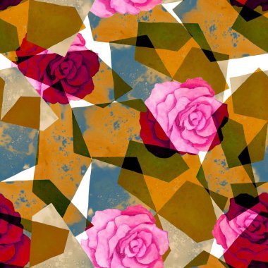 Soyut suluboya desenli, geometrik arka planda güller. Modern tarzda sanat eserleri. Yaratıcı çiçekli yaz baskısı.