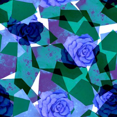 Soyut suluboya desenli, geometrik arka planda güller. Modern tarzda sanat eserleri. Yaratıcı çiçekli yaz baskısı.