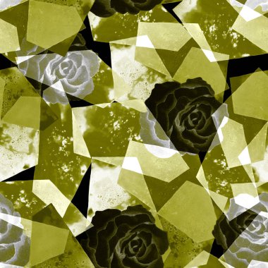 Soyut suluboya desenli, geometrik arka planda güller. Modern tarzda sanat eserleri. Yaratıcı çiçekli yaz baskısı.