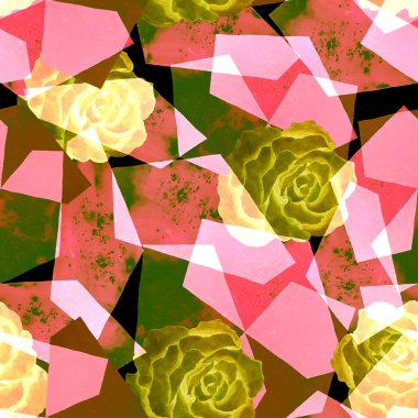 Soyut suluboya desenli, geometrik arka planda güller. Modern tarzda sanat eserleri. Yaratıcı çiçekli yaz baskısı.