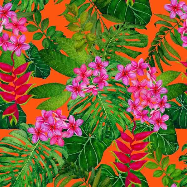 水彩熱帯の葉や花とハワイの花のシームレスなパターン エキゾチックなプルメリアとヘリコニア カラフルな手描きイラスト 熱帯夏 Print — ストック写真