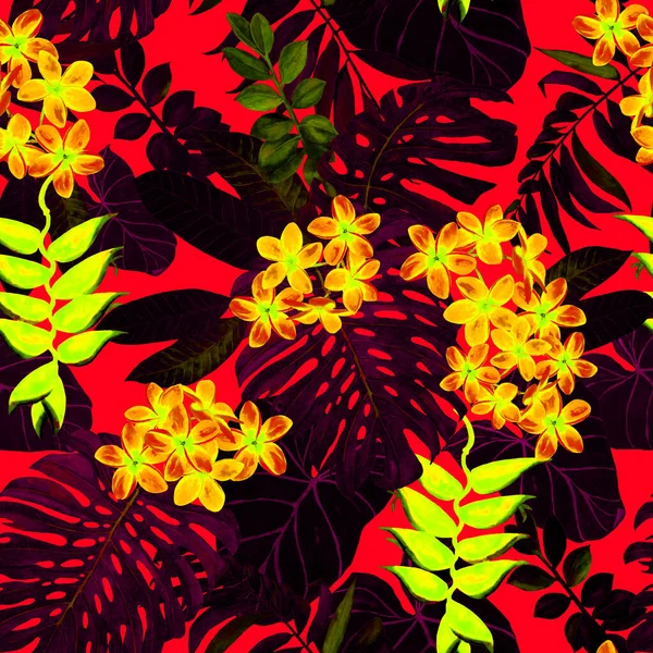 Hawaiian Blommigt Sömlöst Mönster Med Akvarell Tropiska Blad Och Blommor — Stockfoto