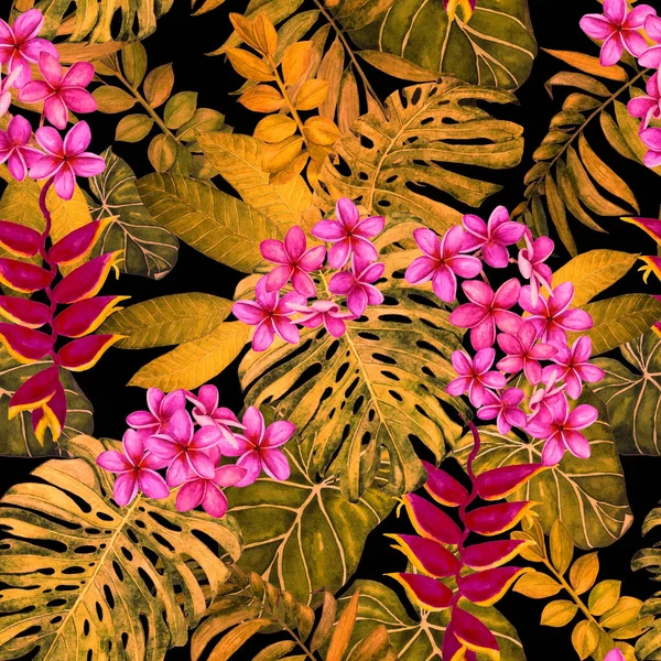 夏威夷植物无缝图案 水彩斑斓的热带叶和花 异国情调的Plumeria和Heliconia 色彩艳丽的手绘插图 热带夏季印刷品 — 图库照片