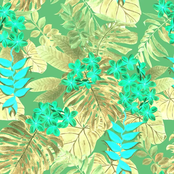 Hawaiian floral seamless pattern with watercolor tropical leaves and flowers. Exotic Plumeria and Heliconia. Colorful hand drawn illustration. Tropical summer print.